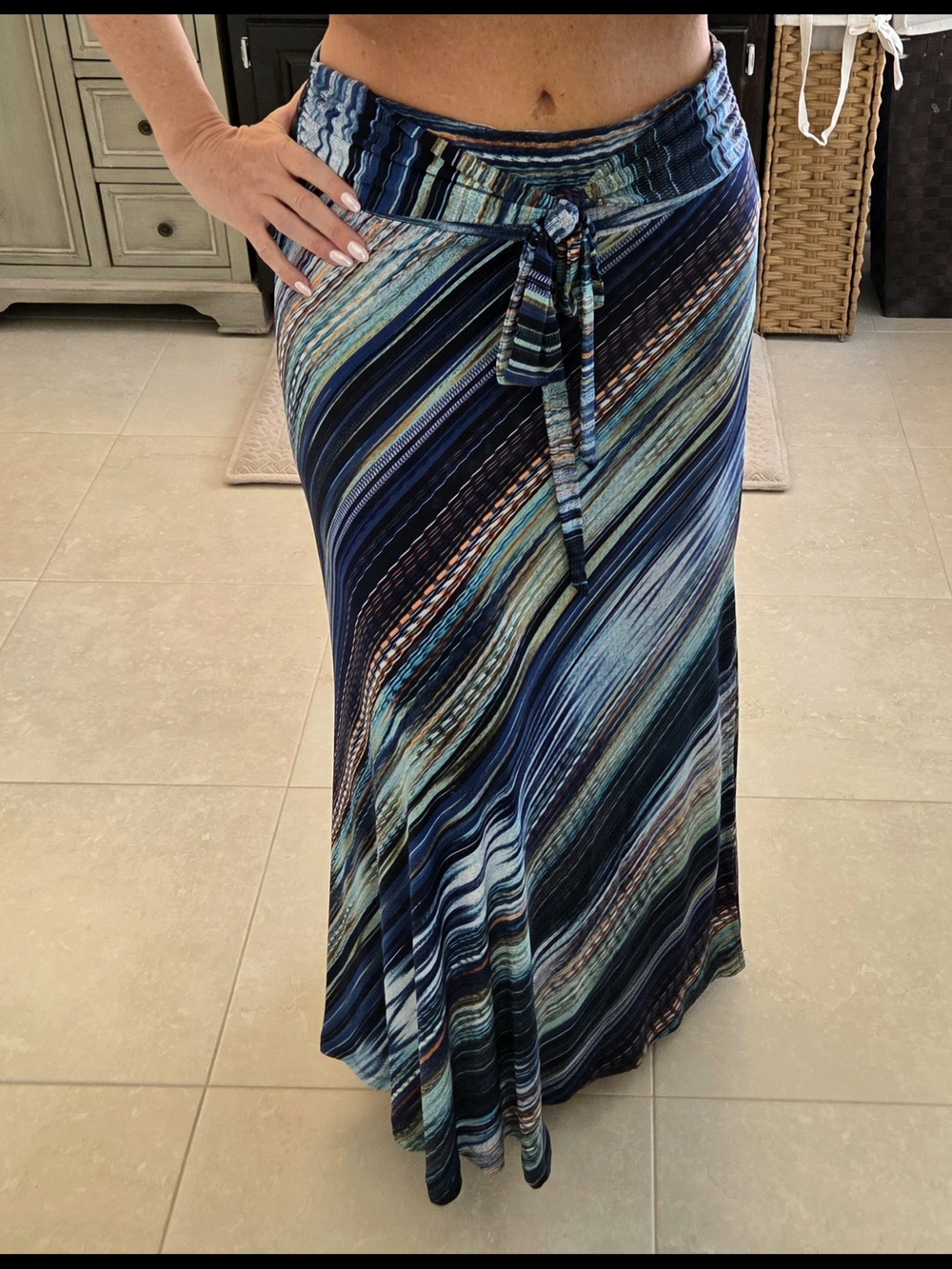 Veronica M Blue Multi-Stripe Maxi Skirt with Tie Waist